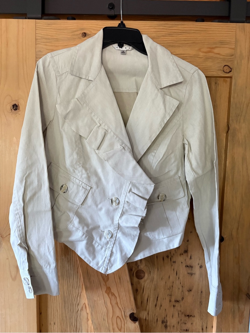 CAbi Cream Ruffle-Front Double-Breasted Blazer